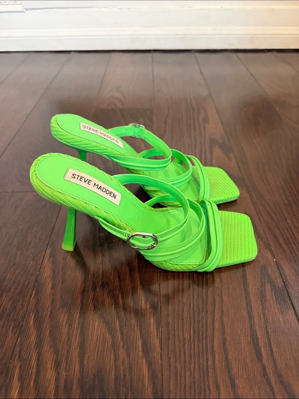 Steve Madden Neon Green Strappy Square-Toe Heeled Sandals
